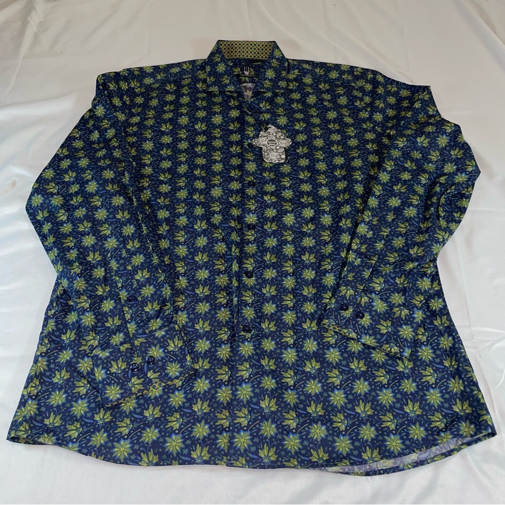 Visconti Black Mens Tailored Fit Floral Button Down Shirt Blue Green Large NWT